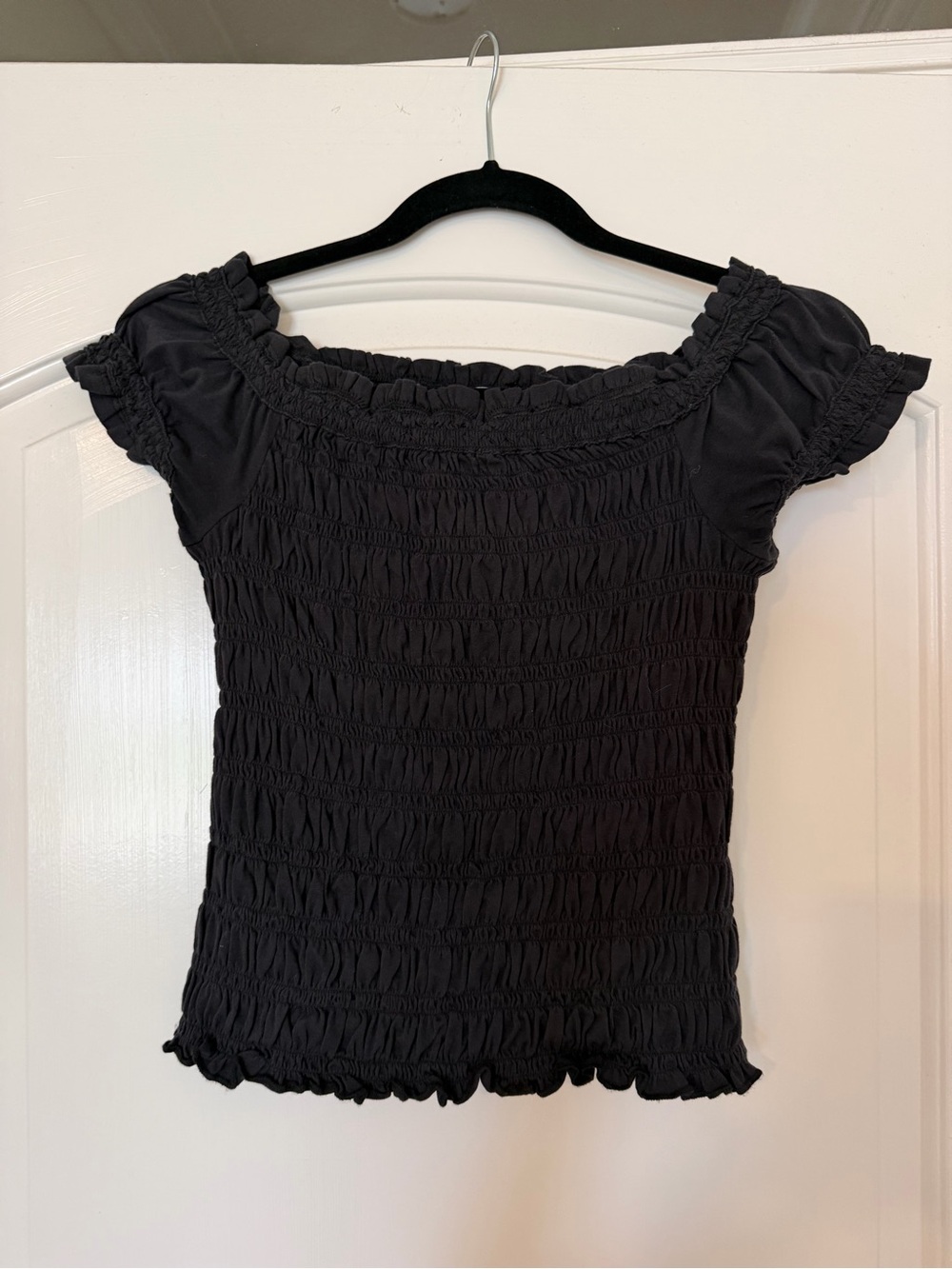 Maeve Black Smocked Off-Shoulder Top